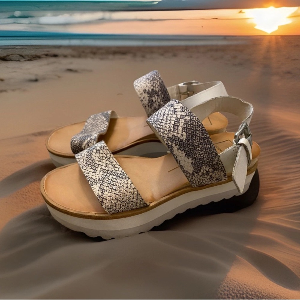 Dolce Vita Moxie Leather Platform Sandals Stone Snake Print Gray White Tan sz 8
